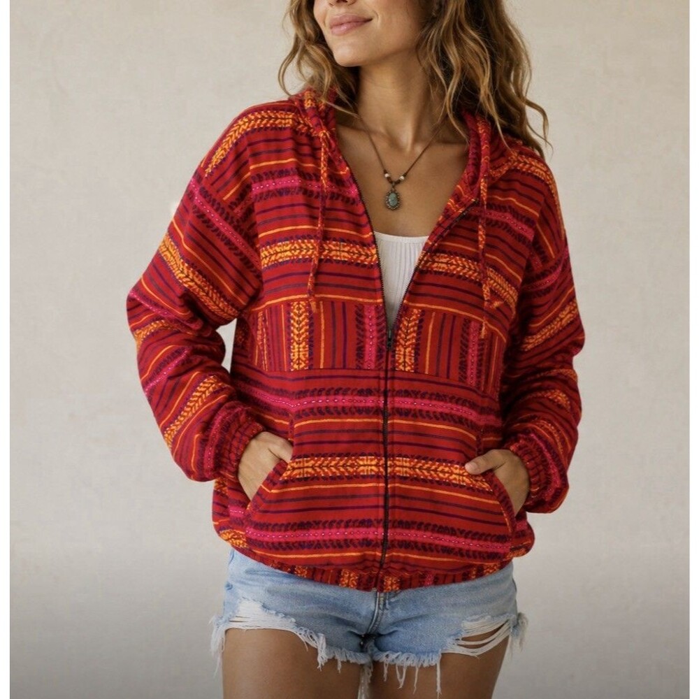 Handwoven Mexican Jacket Womens Large Red Aztec Pockets Hooded Boho Festival